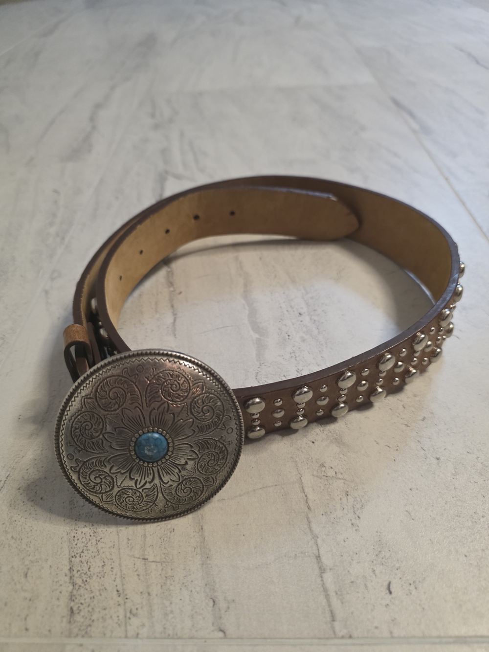 Ariat Brown Leather Studded Belt with Turquoise-Accent Concho Buckle
